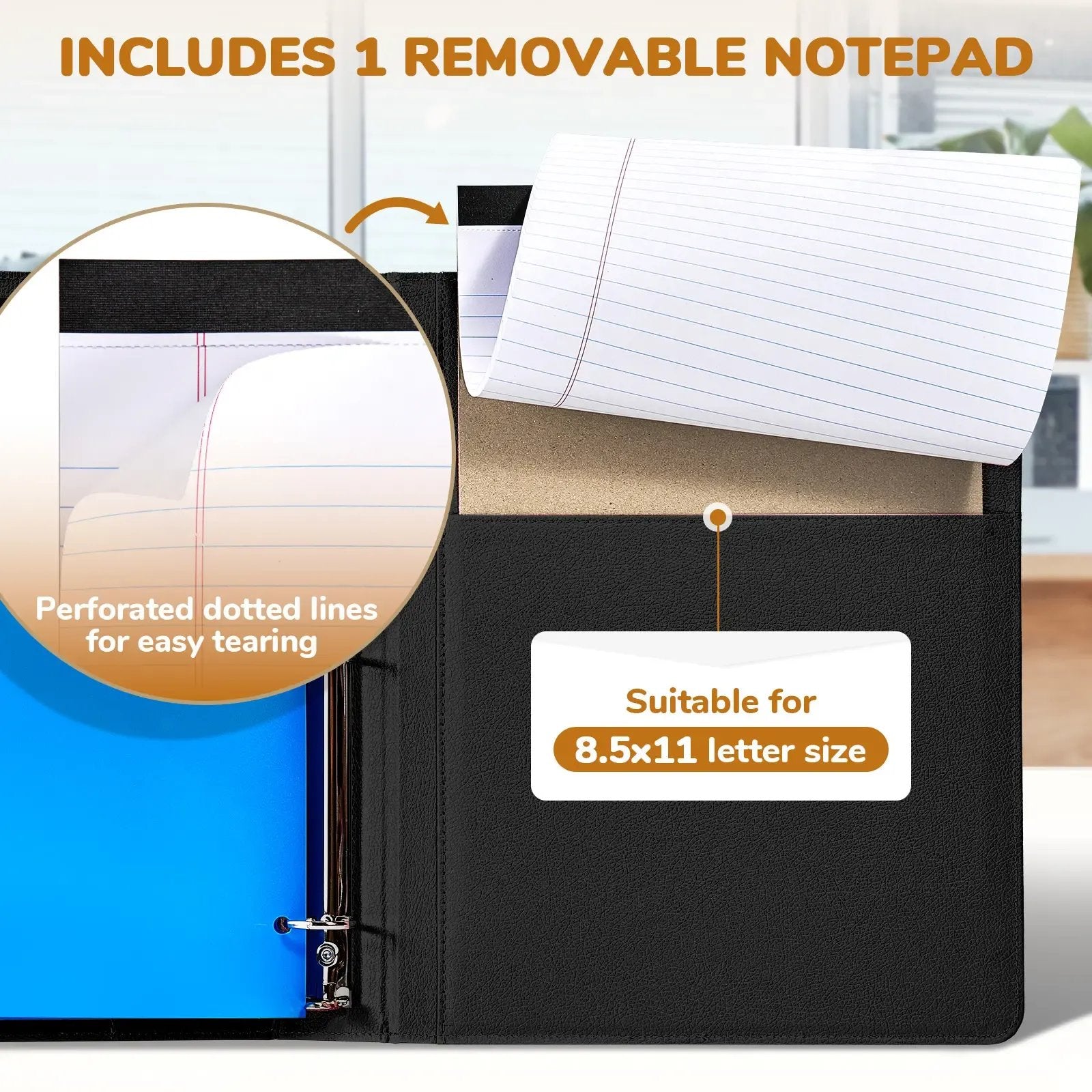 PU Leather Clipboard with Storage – 3-Ring Binder, Magnetic Clip, Removable Notepad & Expanding File