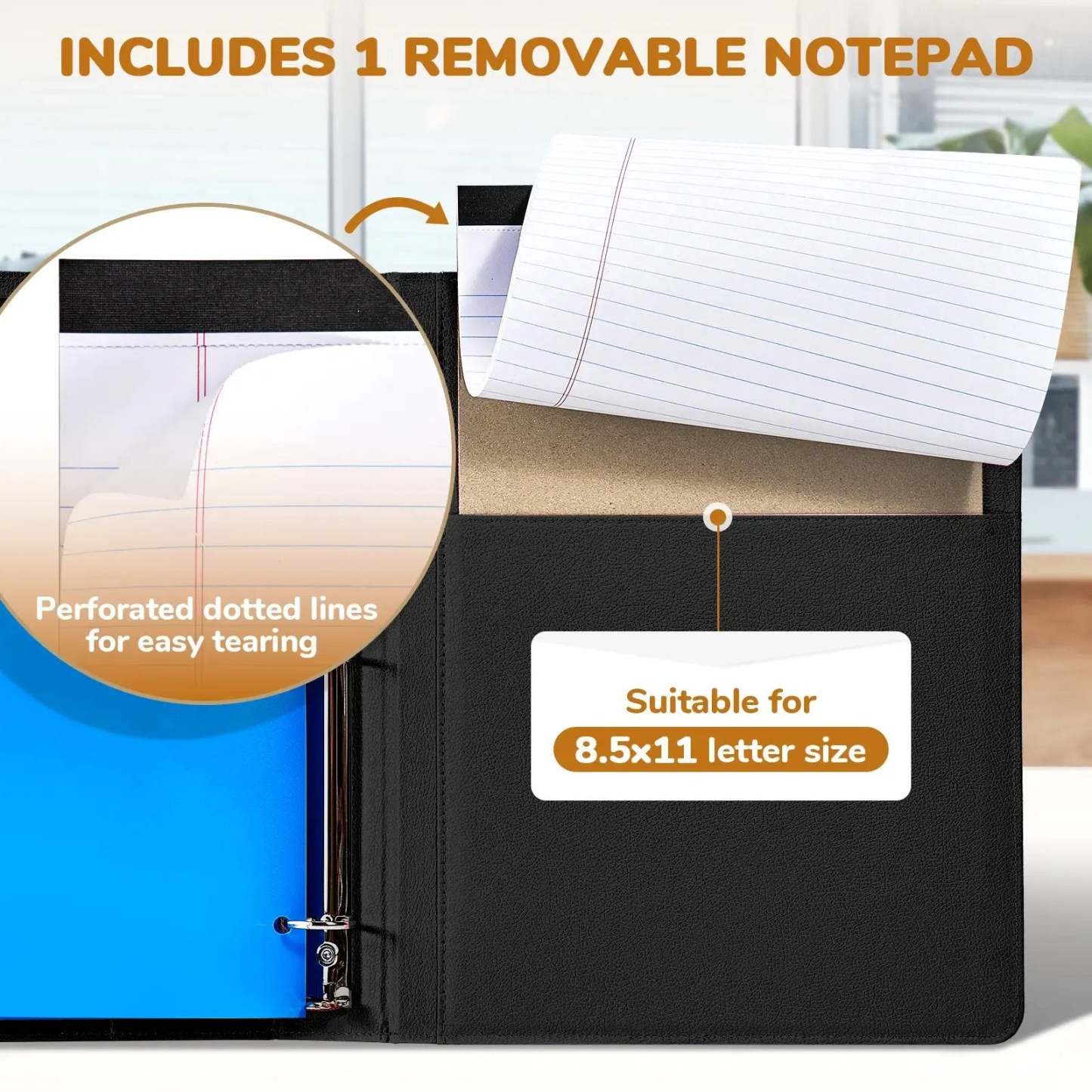 PU Leather Clipboard with Storage – 3-Ring Binder, Magnetic Clip, Removable Notepad & Expanding File