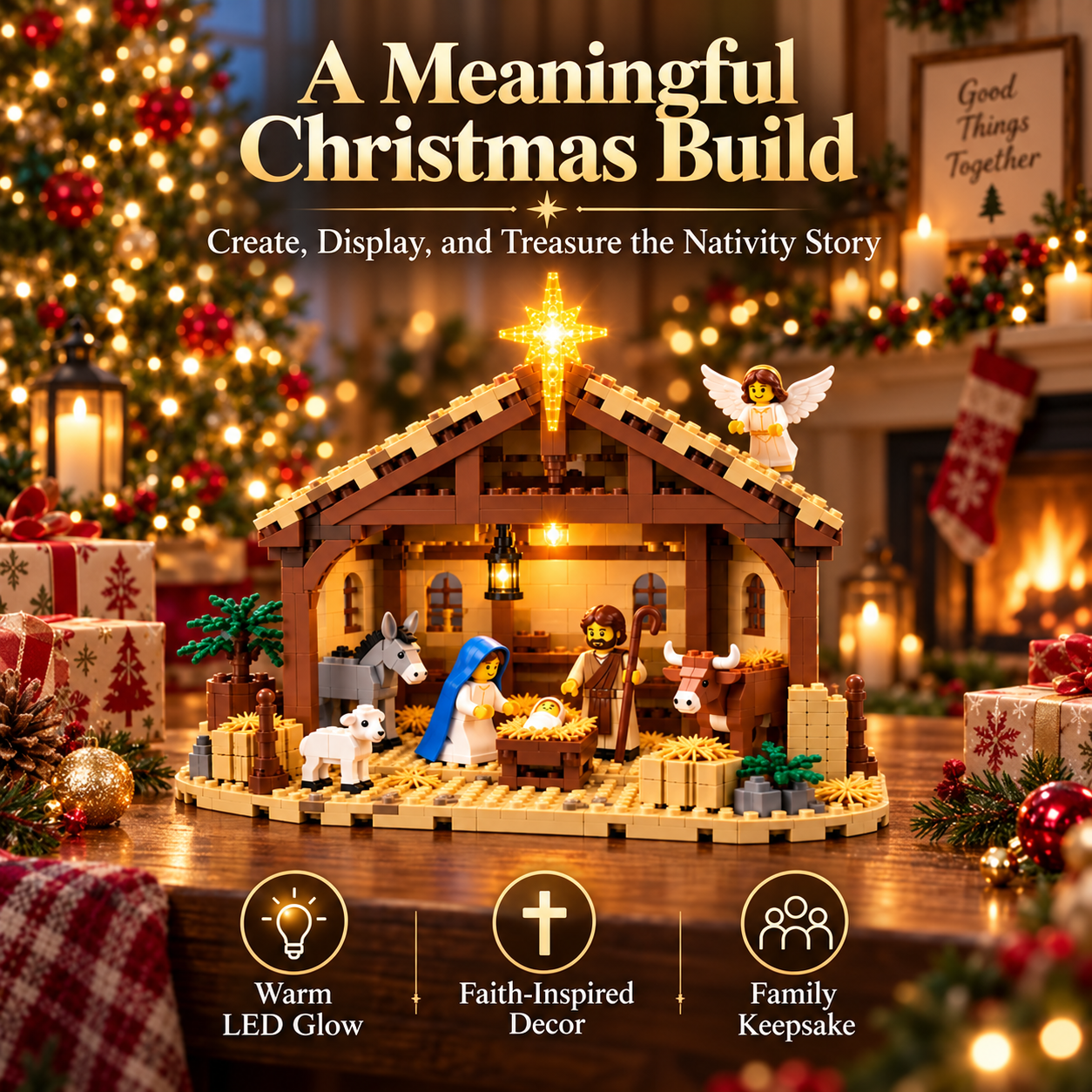 Christmas nativity building set displayed near wrapped presents