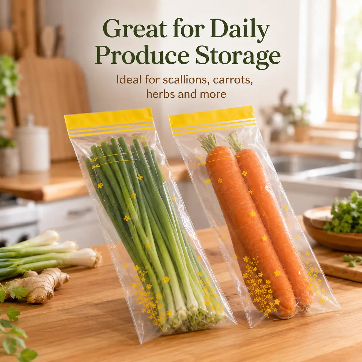 Reusable produce storage bags filled with scallions and carrots