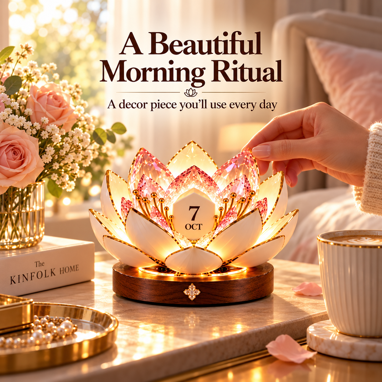 Blooming perpetual calendar with pink faceted petals on a bedside table