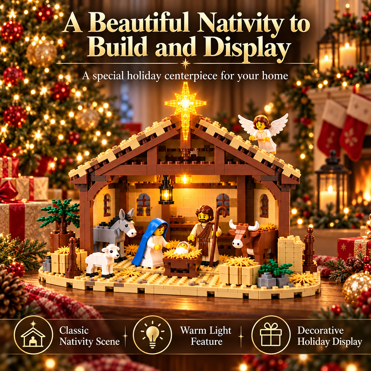 Complete nativity building block display with stable and figures