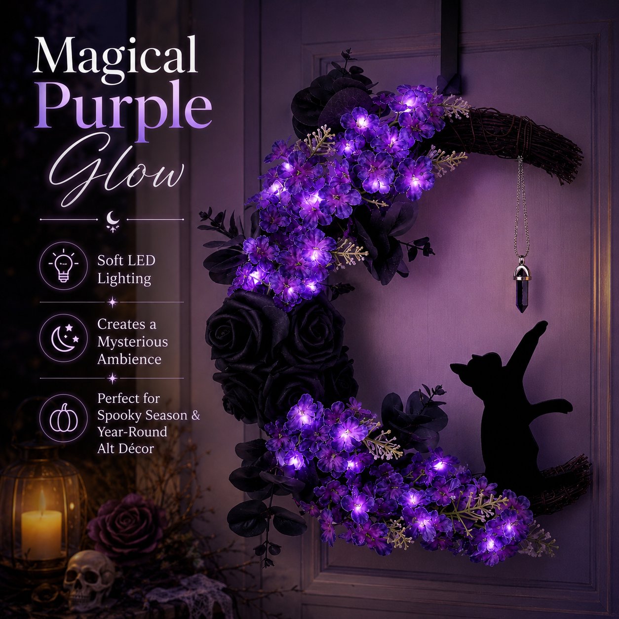 Crescent moon wreath with black cat purple flowers and gothic details