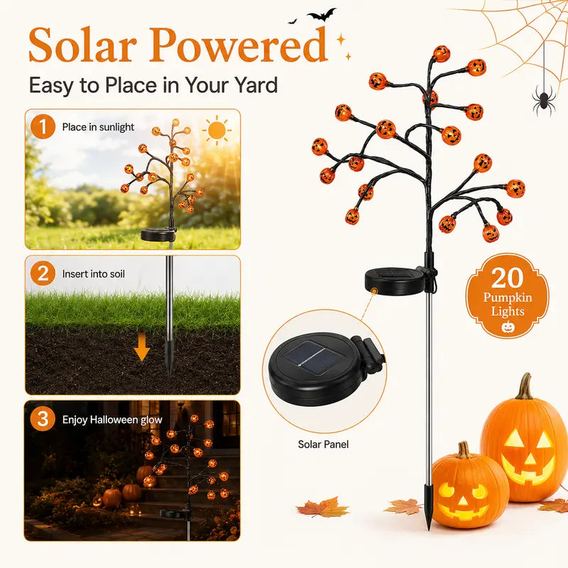 Pumpkin stake lights used along a pathway and porch