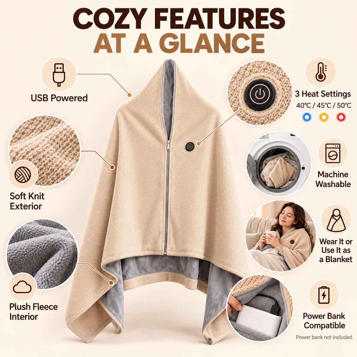 Soft knit exterior and cozy fleece interior of heated shawl