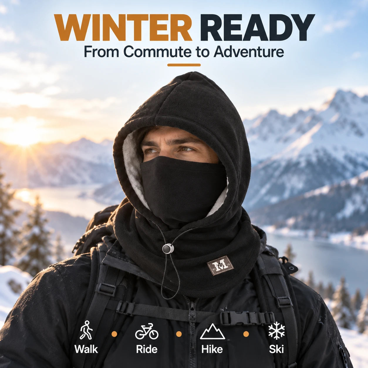Fleece hood worn during winter outdoor activities