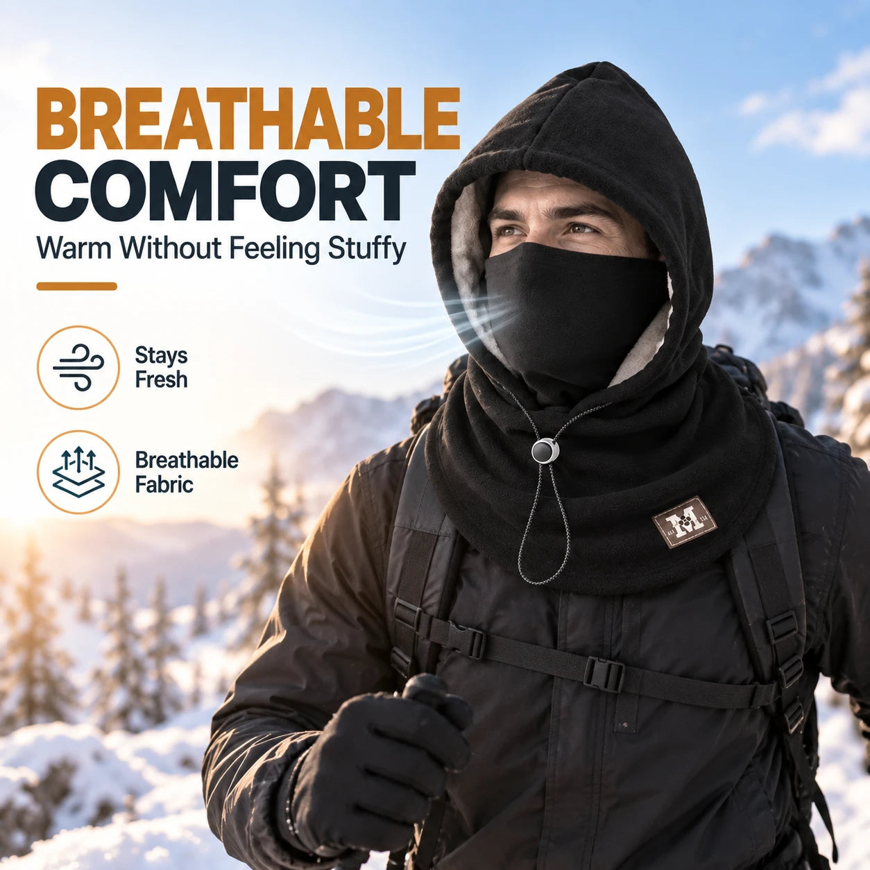 Fleece hood worn outdoors showing breathable comfortable fit