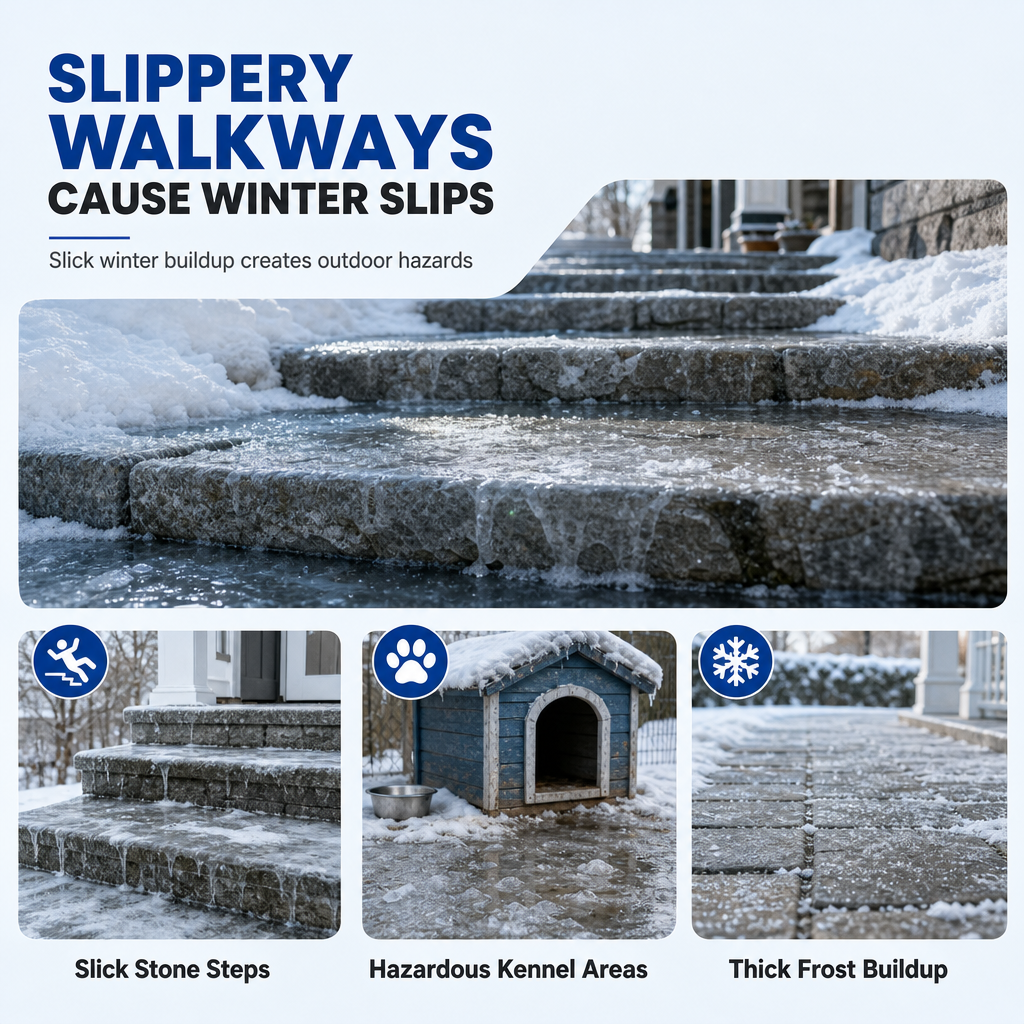 Frost and ice buildup on outdoor stairs and walkways