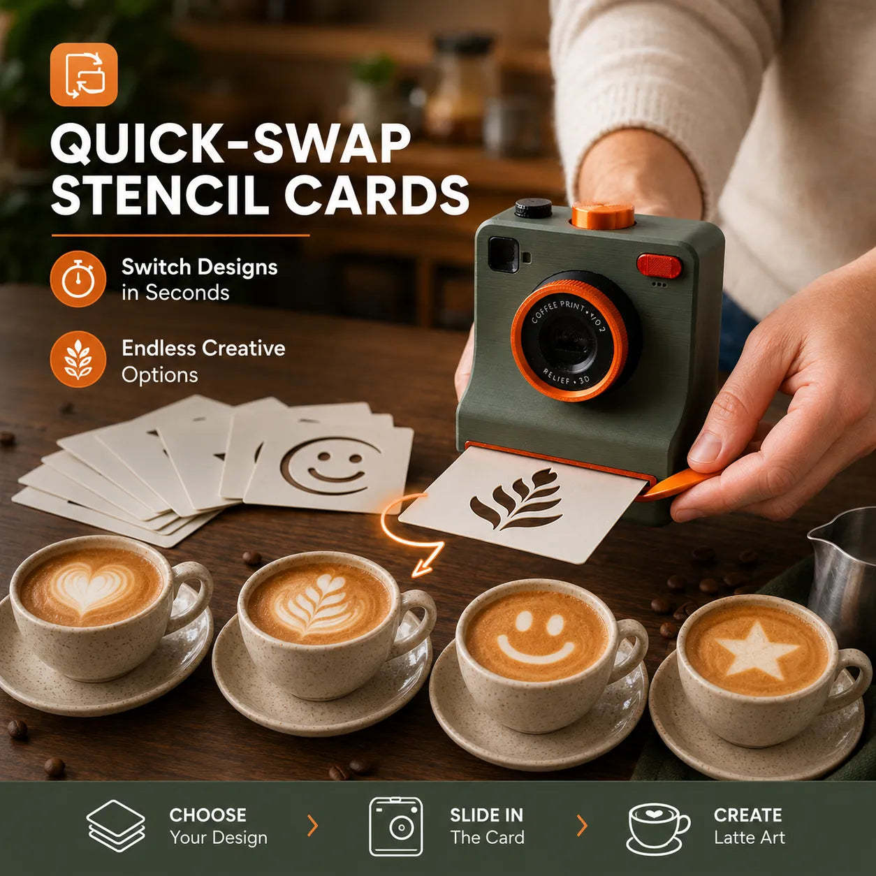 One-Touch Latte Art Camera – 3D Coffee Stencil Printer Kit for Custom Drink Designs