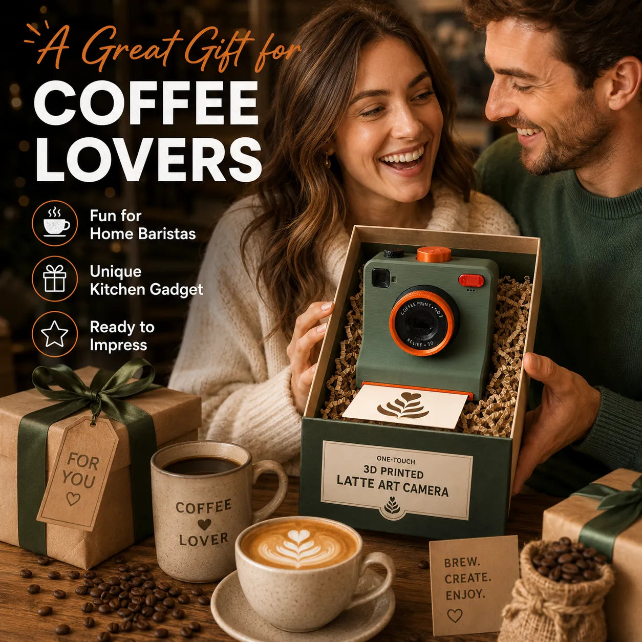 One-Touch Latte Art Camera – 3D Coffee Stencil Printer Kit for Custom Drink Designs