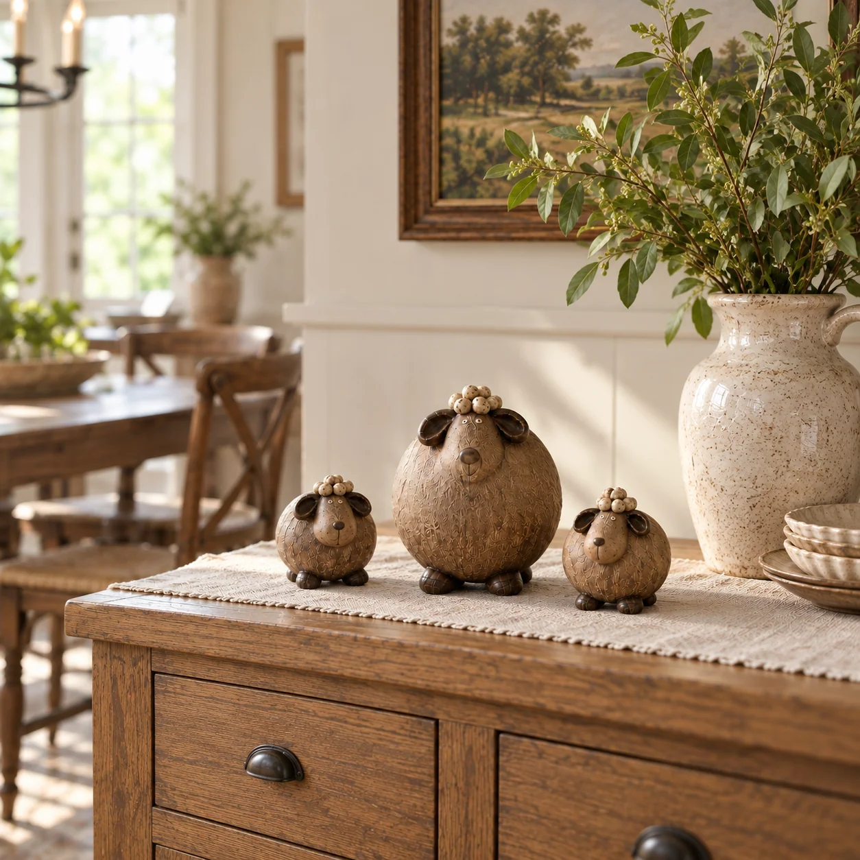 Three sheep figurines as cozy home decoration