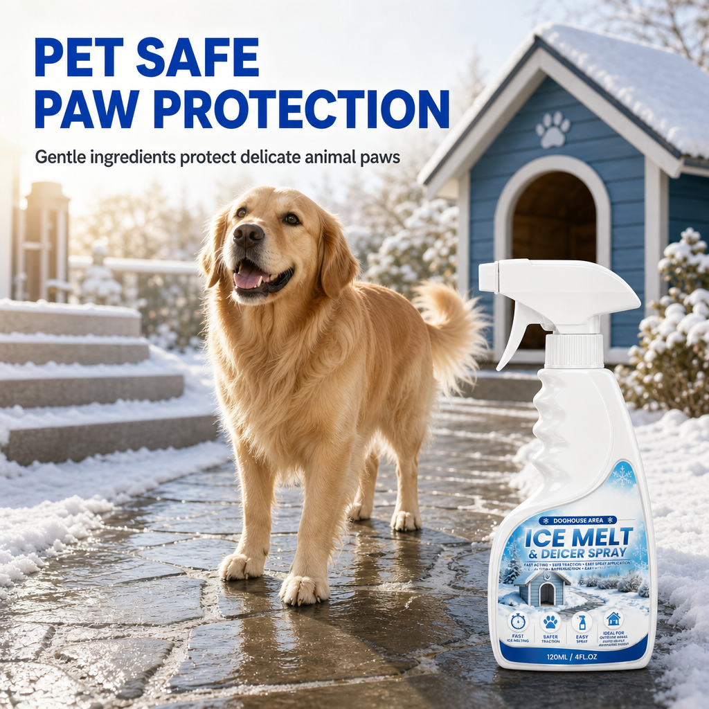 Outdoor de-icing spray displayed near a pet kennel
