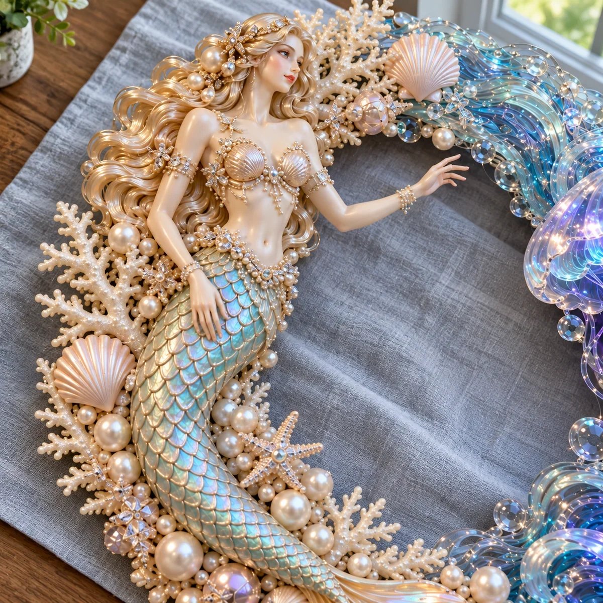 Ocean inspired light up mermaid wreath on a wooden front door
