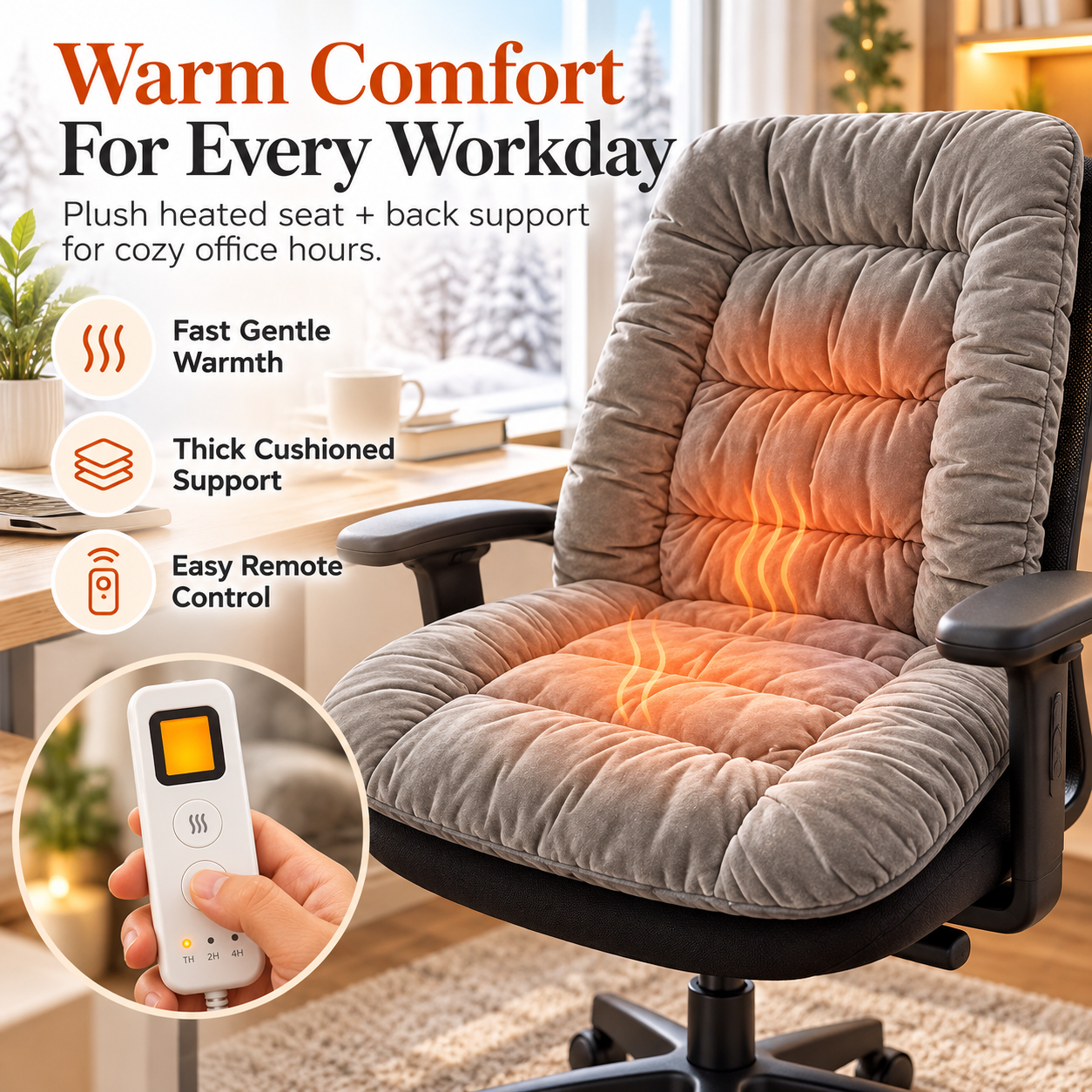 Cozy gray plush heated office chair cushion with quilted seat and backrest glowing with warm heat while a remote is used