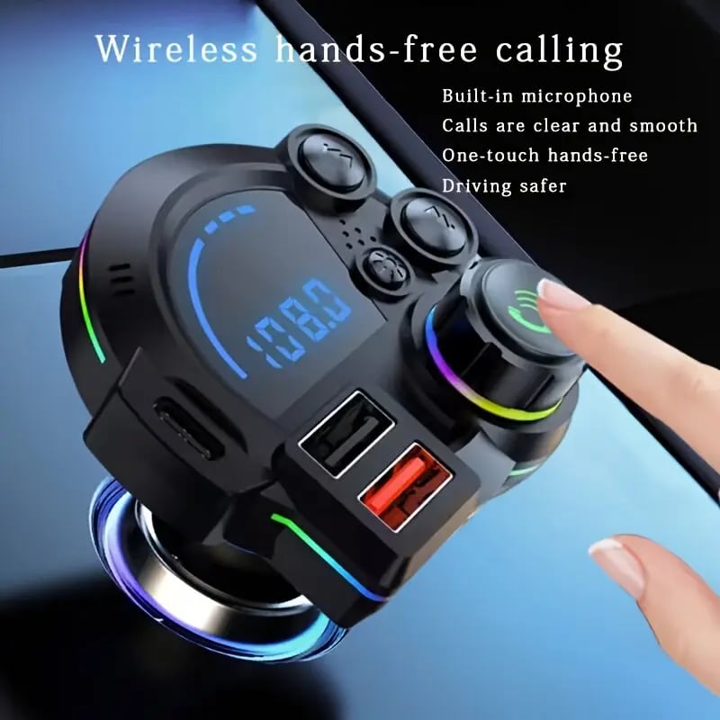 30W PD Car Charger & Bluetooth 5.3 FM Transmitter – Bass Booster & RGB Light – Wireless MP3 Radio Adapter