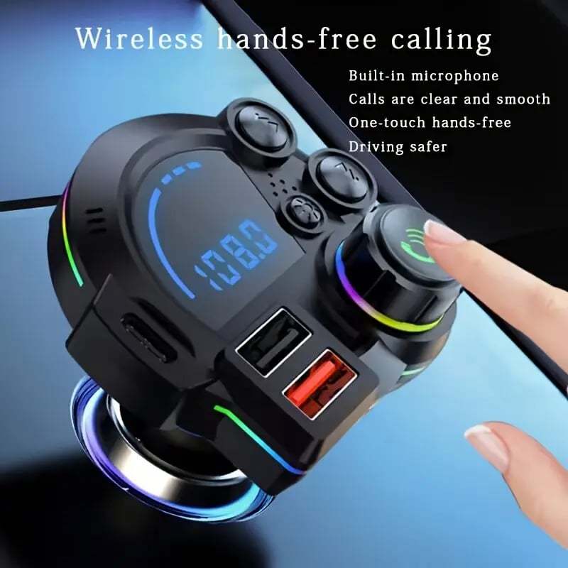 30W PD Car Charger & Bluetooth 5.3 FM Transmitter – Bass Booster & RGB Light – Wireless MP3 Radio Adapter
