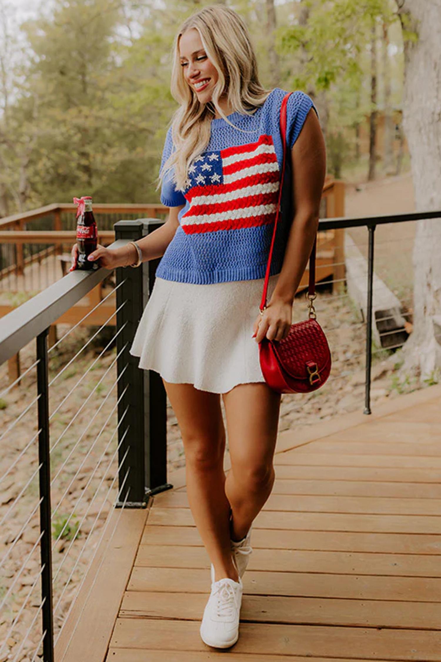 Mntaor Women's American Flag Graphic Relaxed Fit Short Sleeve Knit Sweater Top for Independence Day Festivals & Casual Streetwear Knitwear - Womenswear