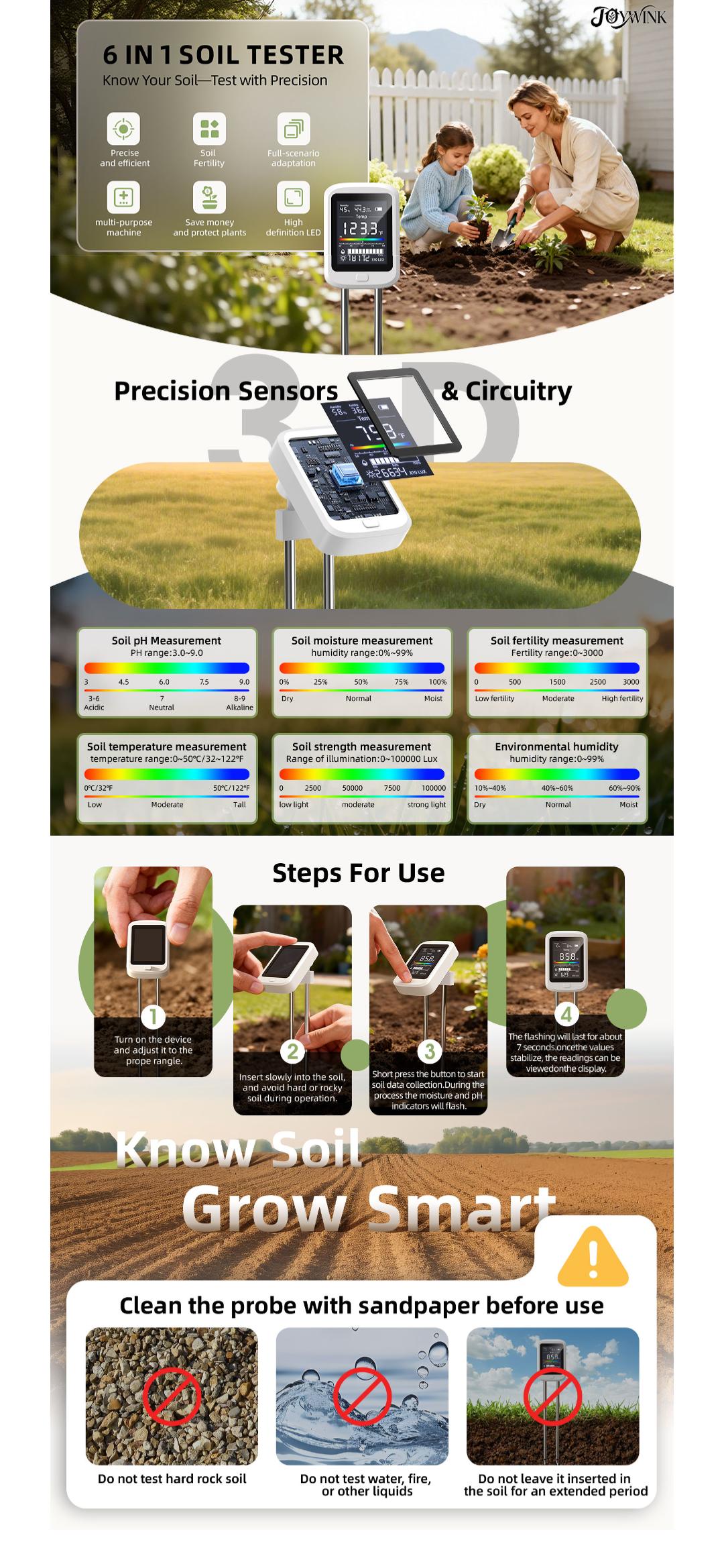 Joywink 6-in-1 Soil Moisture Meter with pH, Nutrient, Sunlight, Temperature & Humidity | Multi-Function Tester for Garden, Lawn and Indoor Plants | Factory-Permanent Calibration Joywink 6-in-1 Soil Moisture Meter with pH, Nutrient, Sunlight, Temperature & Humidity | Multi-Function Tester for Garden, Lawn and Indoor Plants | Factory-Permanent Calibration