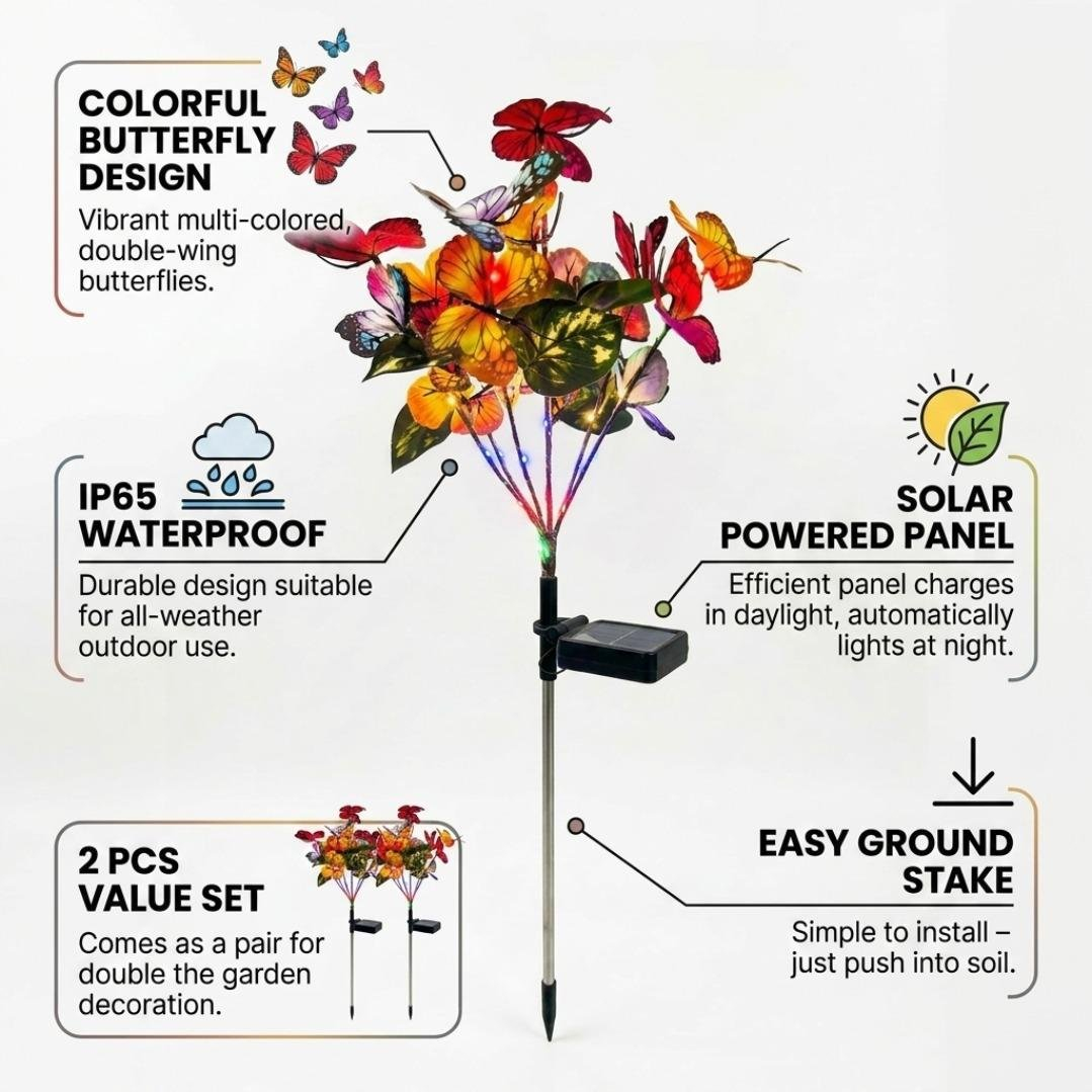 Solar Butterfly Garden Light – IP65 Waterproof Outdoor Stake – Realistic Colorful Decor for Lawn & Pathway