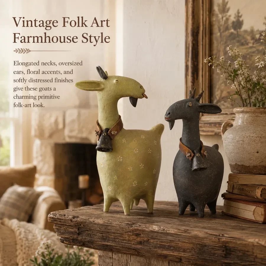 Whimsical farmhouse goat figurines set of two