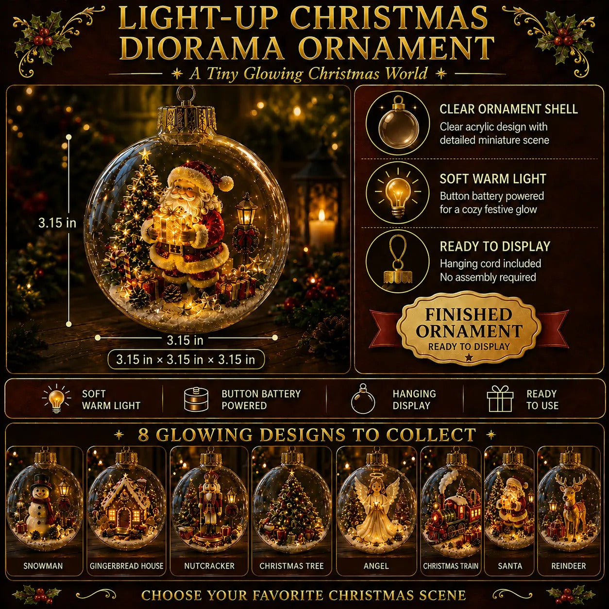 Light-Up 3D Christmas Ornaments – Battery Operated Warm White LED Scene Baubles