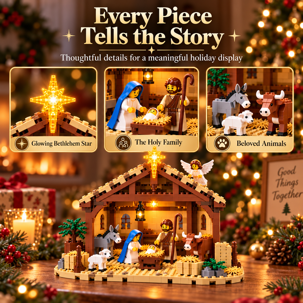 Details of the Bethlehem star, Holy Family and nativity animals