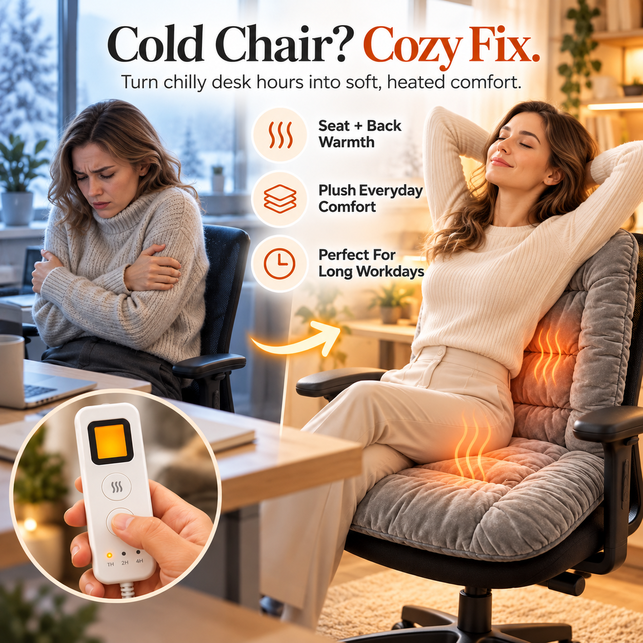 Before and after style illustration of a heated plush chair cushion providing seat and back warmth with a handheld wired remote