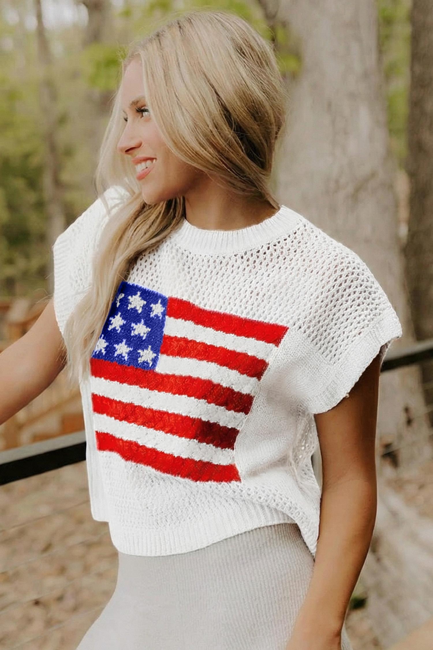 Mntaor Women's American Flag Graphic Relaxed Fit Short Sleeve Knit Sweater Top for Independence Day Festivals & Casual Streetwear Knitwear - Womenswear