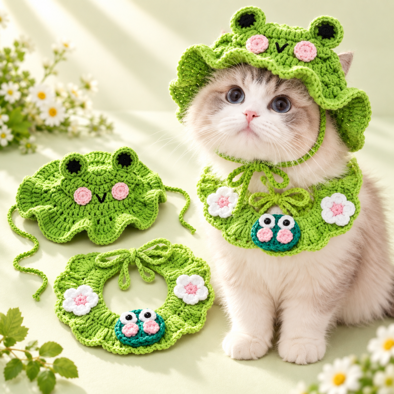 Handcrafted Crochet Pet Hat & Collar Set – Viral Cute Photo Costume Set