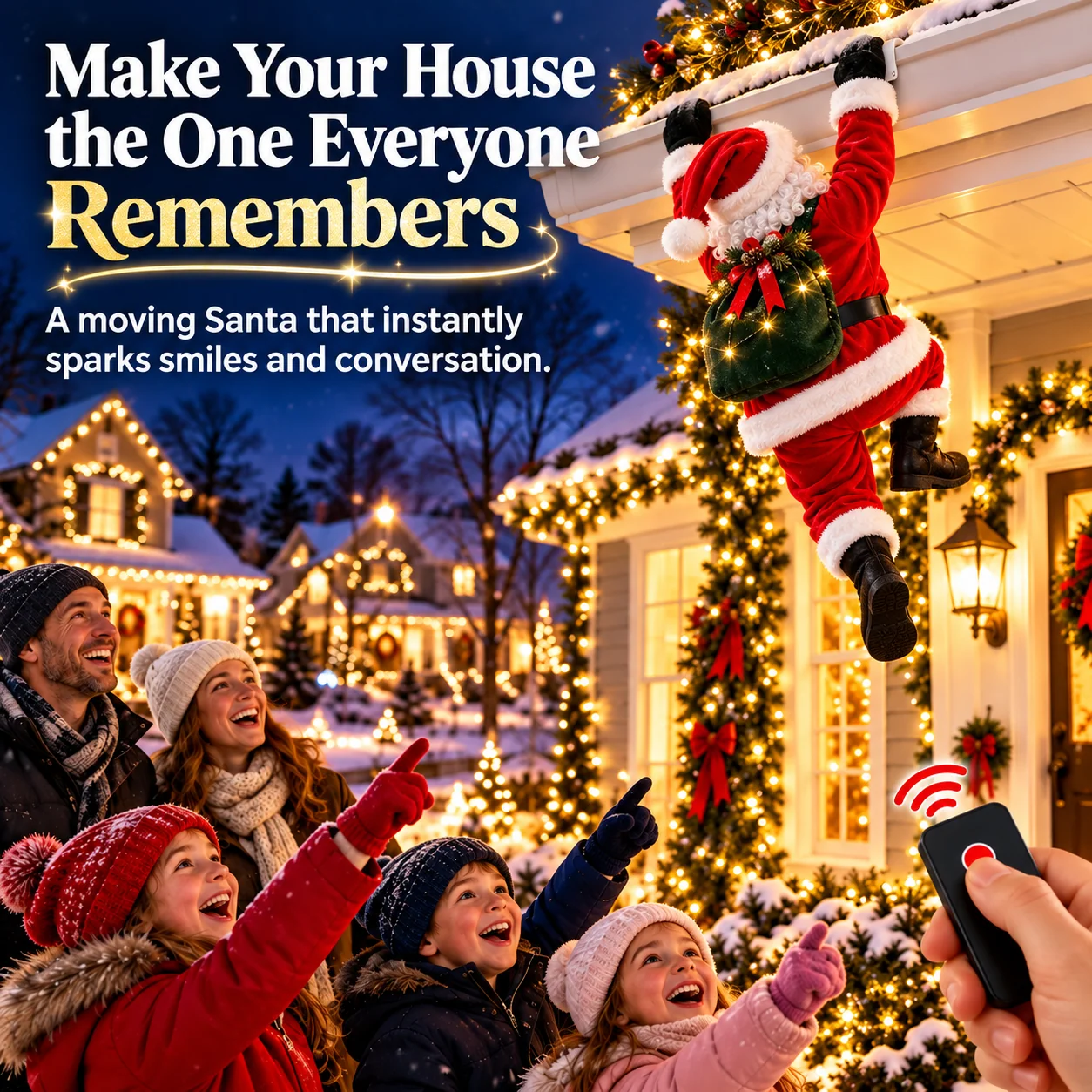 Family enjoying a hanging Santa Christmas display