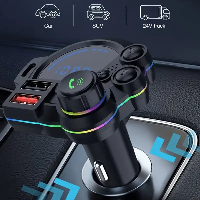 30W PD Car Charger & Bluetooth 5.3 FM Transmitter – Bass Booster & RGB Light – Wireless MP3 Radio Adapter