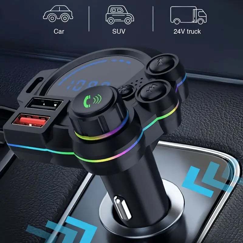 30W PD Car Charger & Bluetooth 5.3 FM Transmitter – Bass Booster & RGB Light – Wireless MP3 Radio Adapter