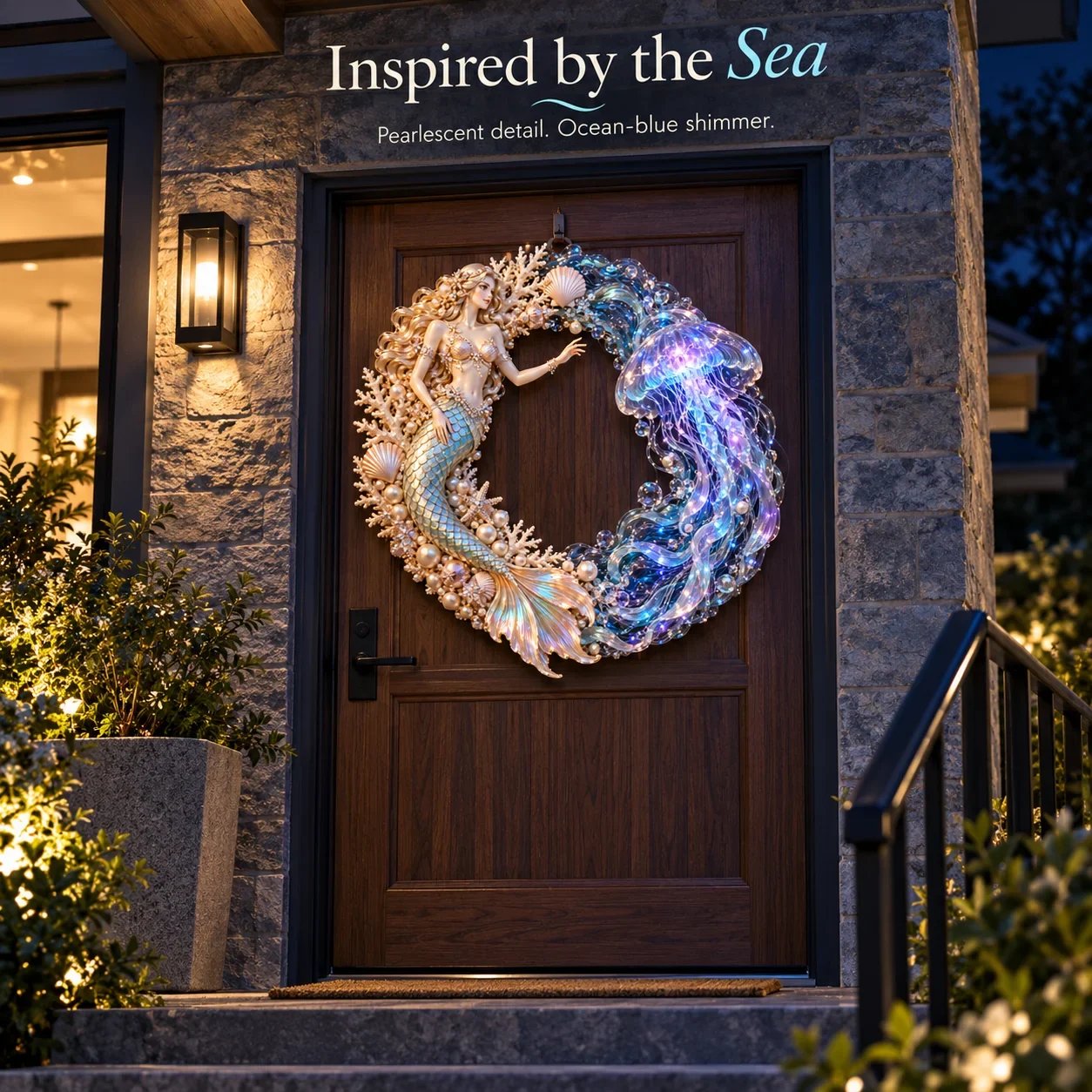 Illuminated mermaid and jellyfish door wreath on a navy entrance door