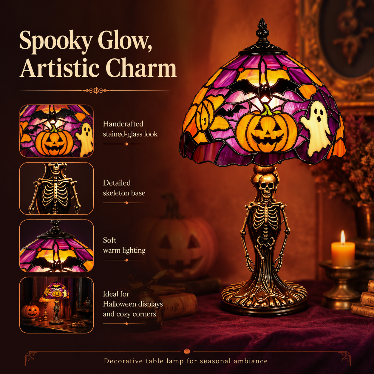 Spooky Glow Tiffany Lamp Pumpkin Ghost Bat Halloween Desk Light