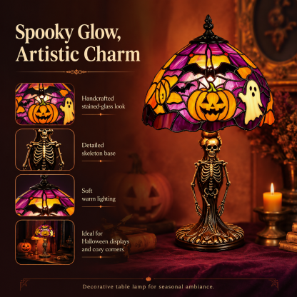 Spooky Glow Tiffany Lamp Pumpkin Ghost Bat Halloween Desk Light