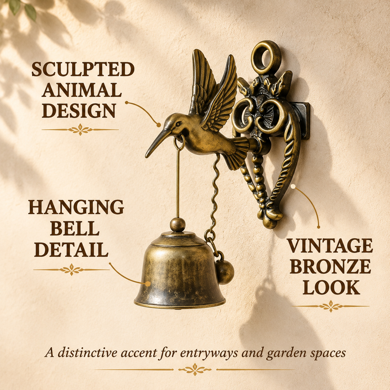 Vintage hummingbird wall bell infographic highlighting its sculpted animal design and hanging bell