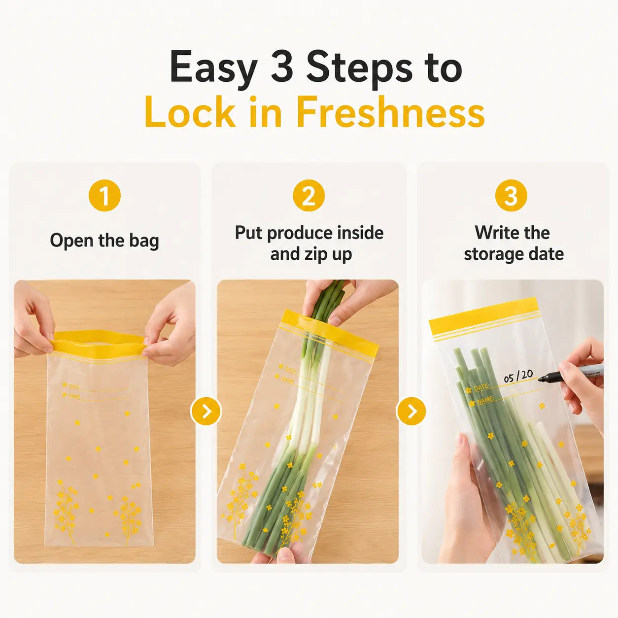 Three steps for using reusable produce storage bags