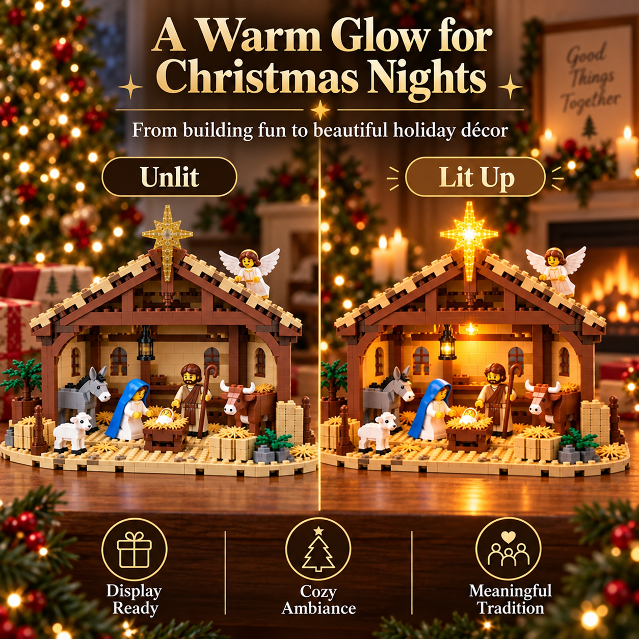 Nativity stable building set shown with light off and on