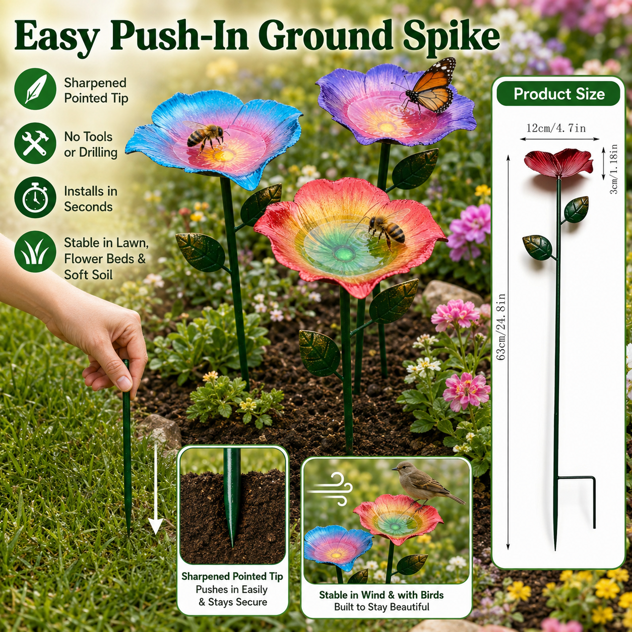 Rainbow Gradient Metal Flower Bird Bath Stake, 3-Piece Floral Standing Bird Feeder, Outdoor Garden Pollinator Water Bowl