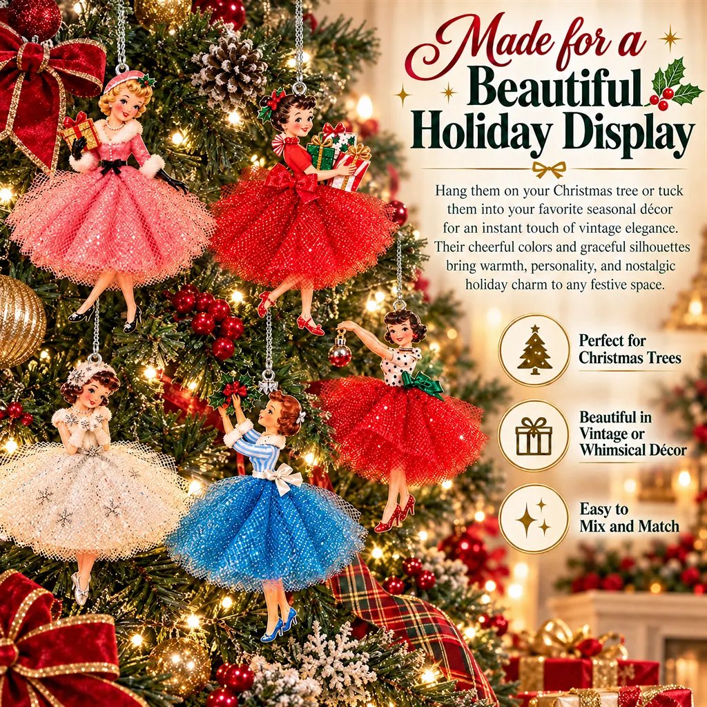 Five retro lady ornaments hanging on a decorated Christmas tree