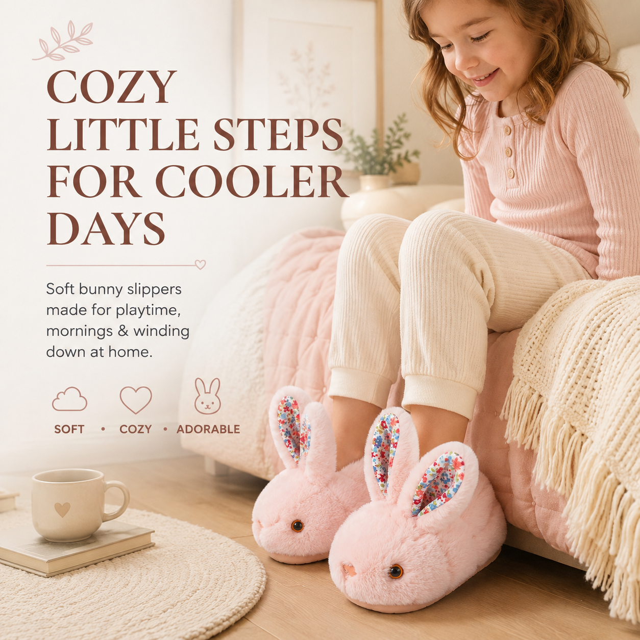 Cozy Bunny House Slippers for Kids – Plush 3D Ears, Floral Details & Textured Indoor Sole