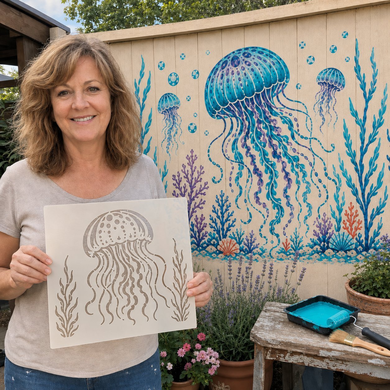 Reusable Ocean Octopus Mural Stencil Set | Bring Plain Walls & Fences to Life with a Bold Underwater Scene