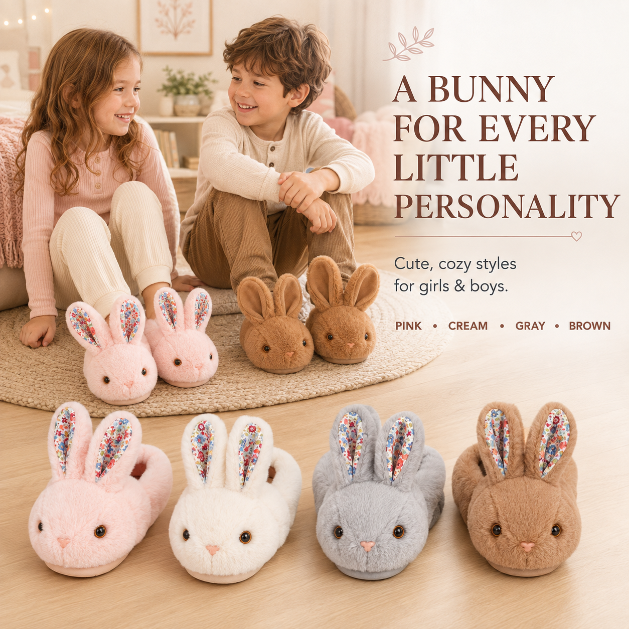 Cozy Bunny House Slippers for Kids – Plush 3D Ears, Floral Details & Textured Indoor Sole