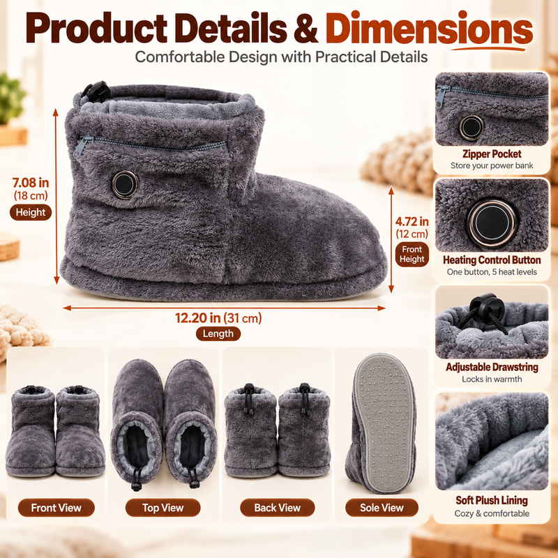 Dimensions and detailed views of the heated plush slipper boot