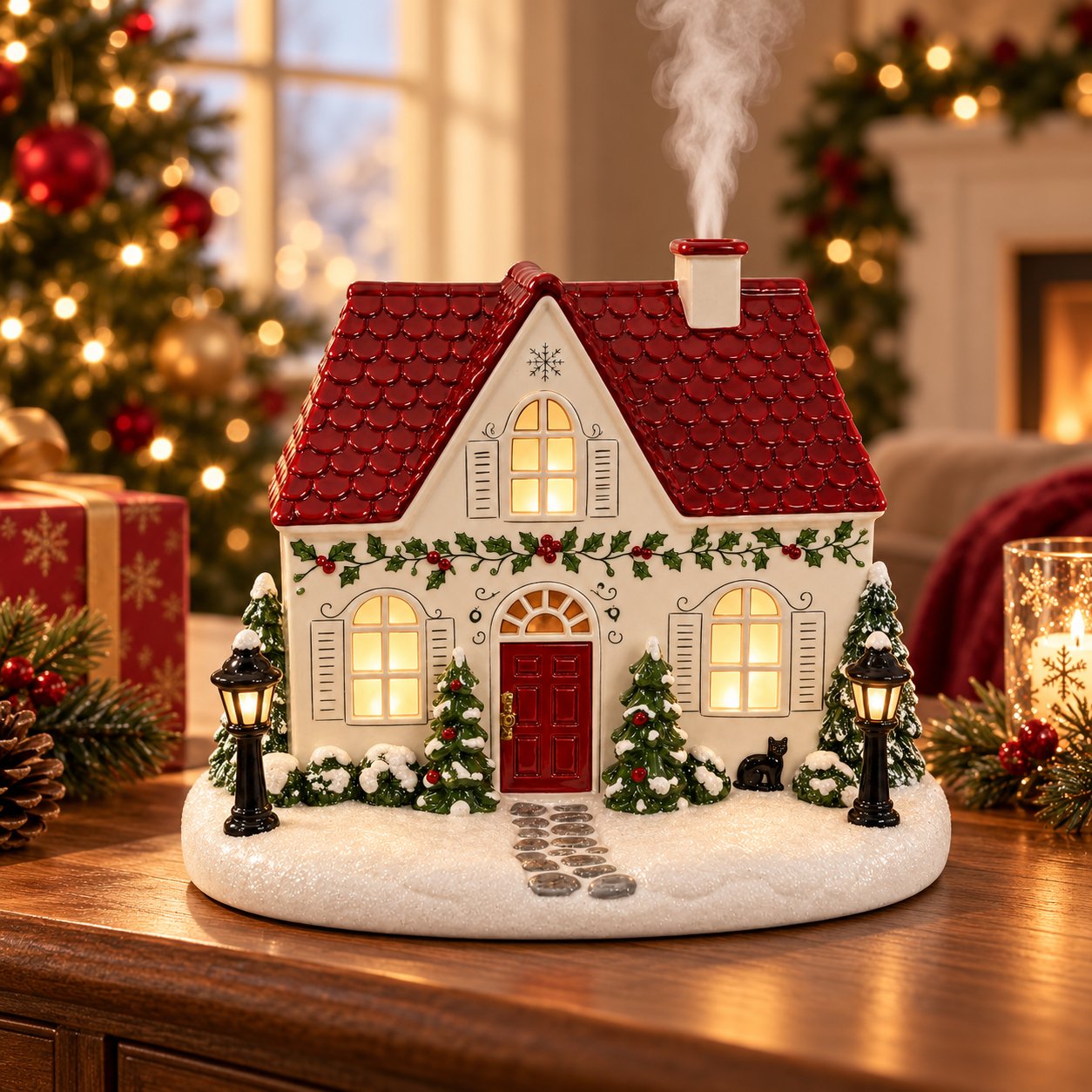 Christmas House Aroma Diffuser – Gentle Mist & Glowing Windows