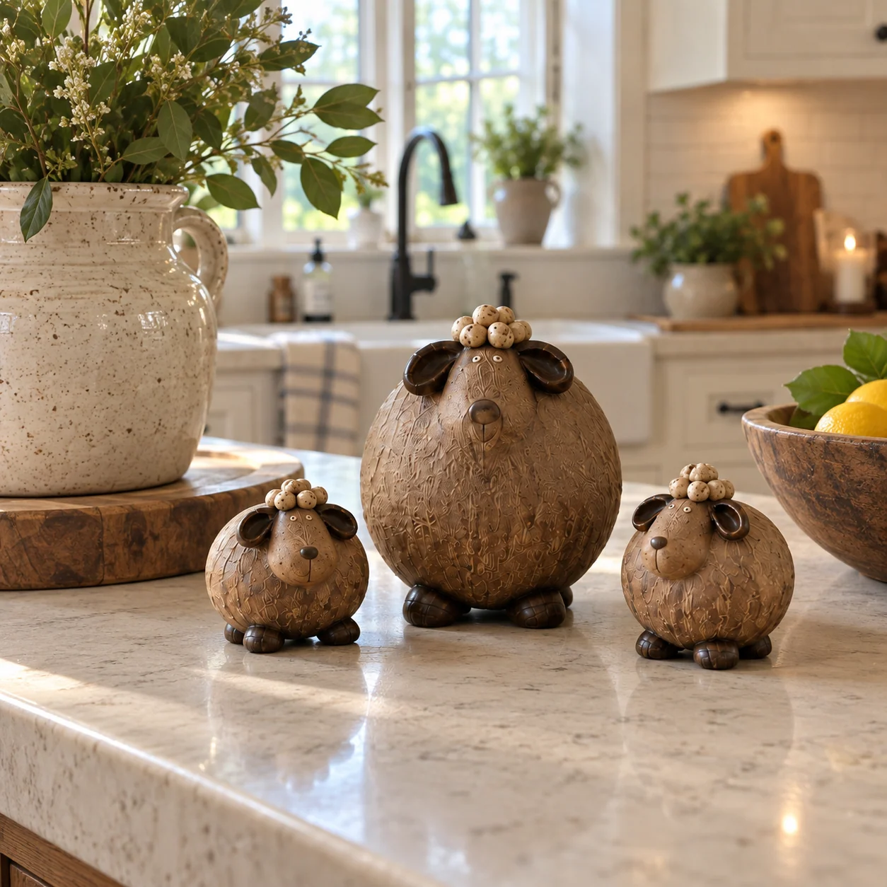 Little Woolly Family three rustic sheep figurines displayed in a home
