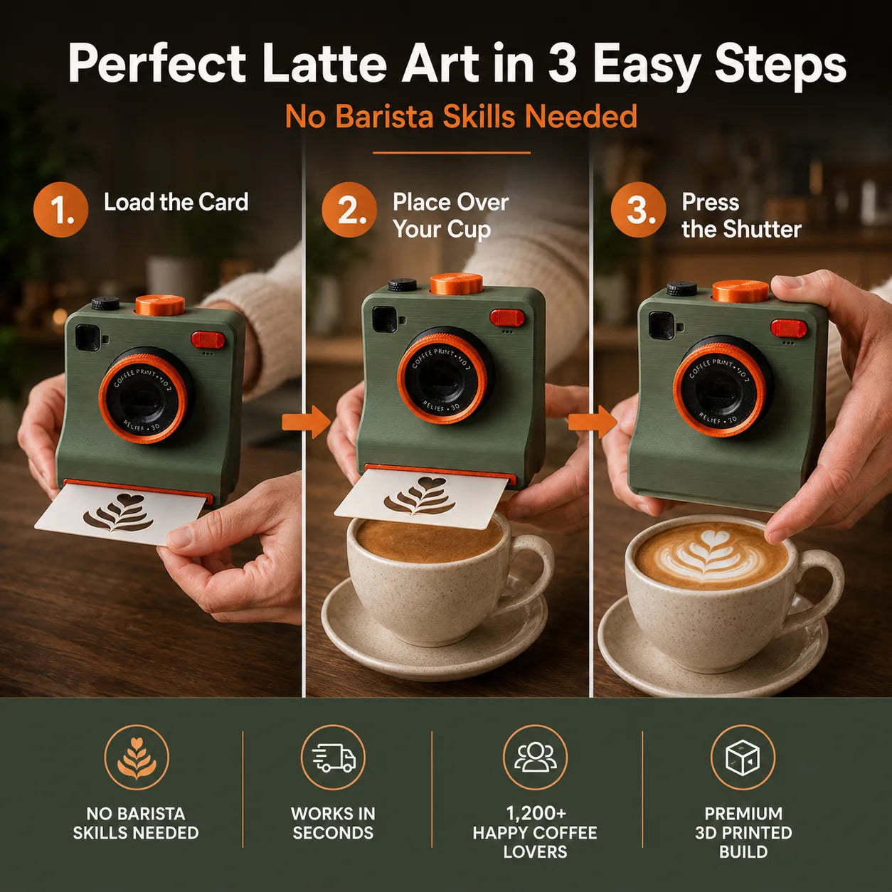 One-Touch Latte Art Camera – 3D Coffee Stencil Printer Kit for Custom Drink Designs