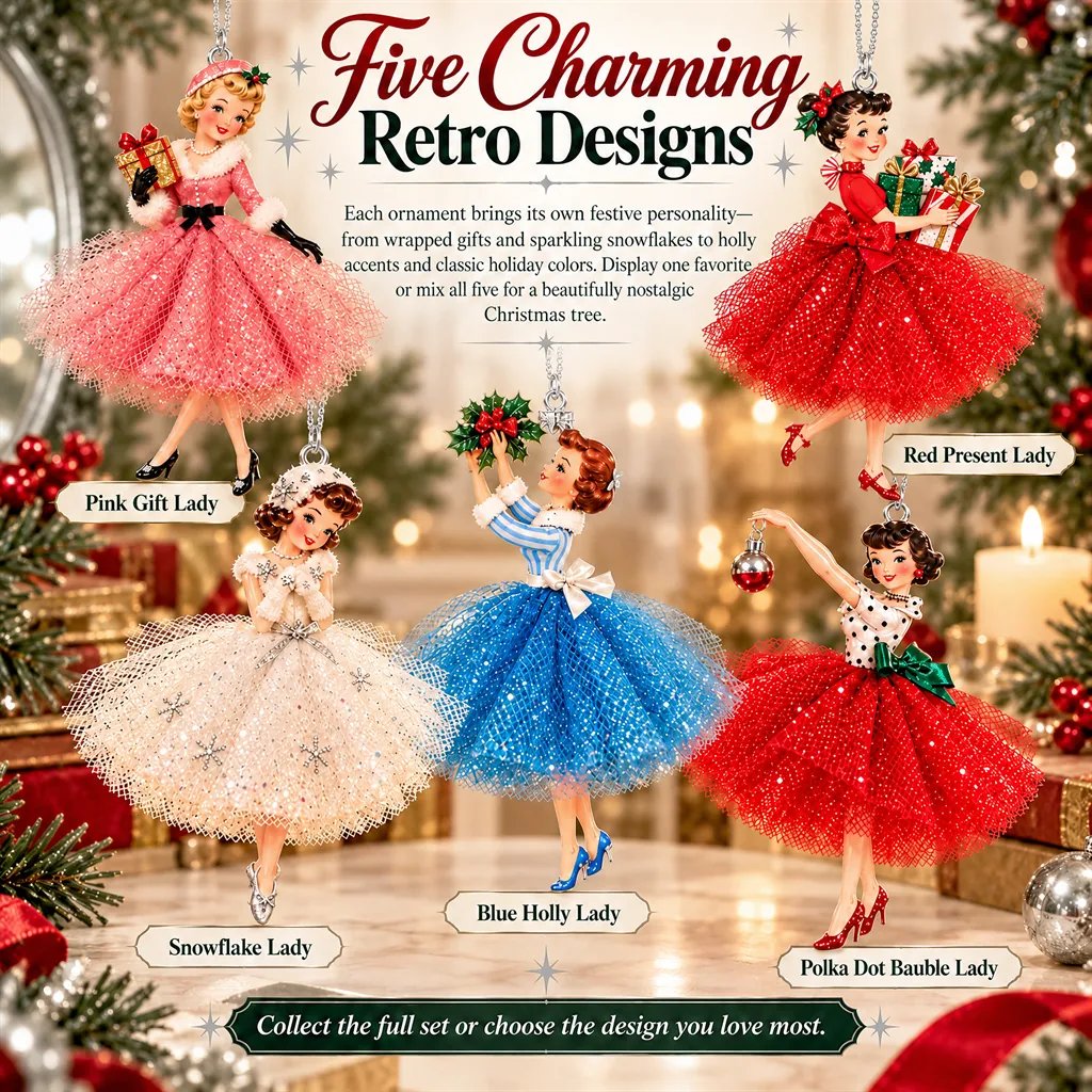 Five vintage Christmas lady ornament designs with their names