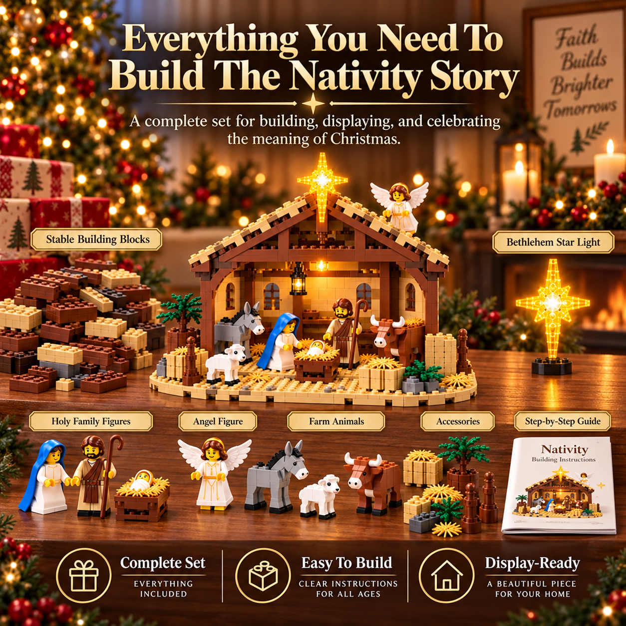 Nativity building blocks, figures and illustrated assembly guide