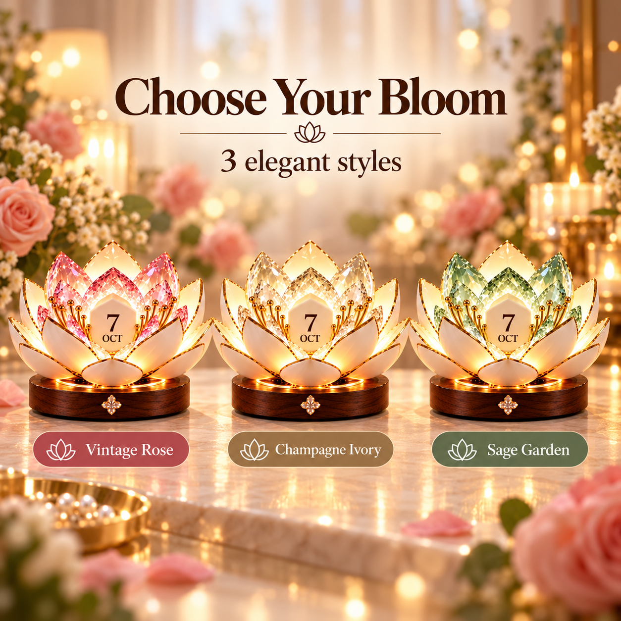 Three featured lotus calendar looks in rose, champagne ivory and sage green
